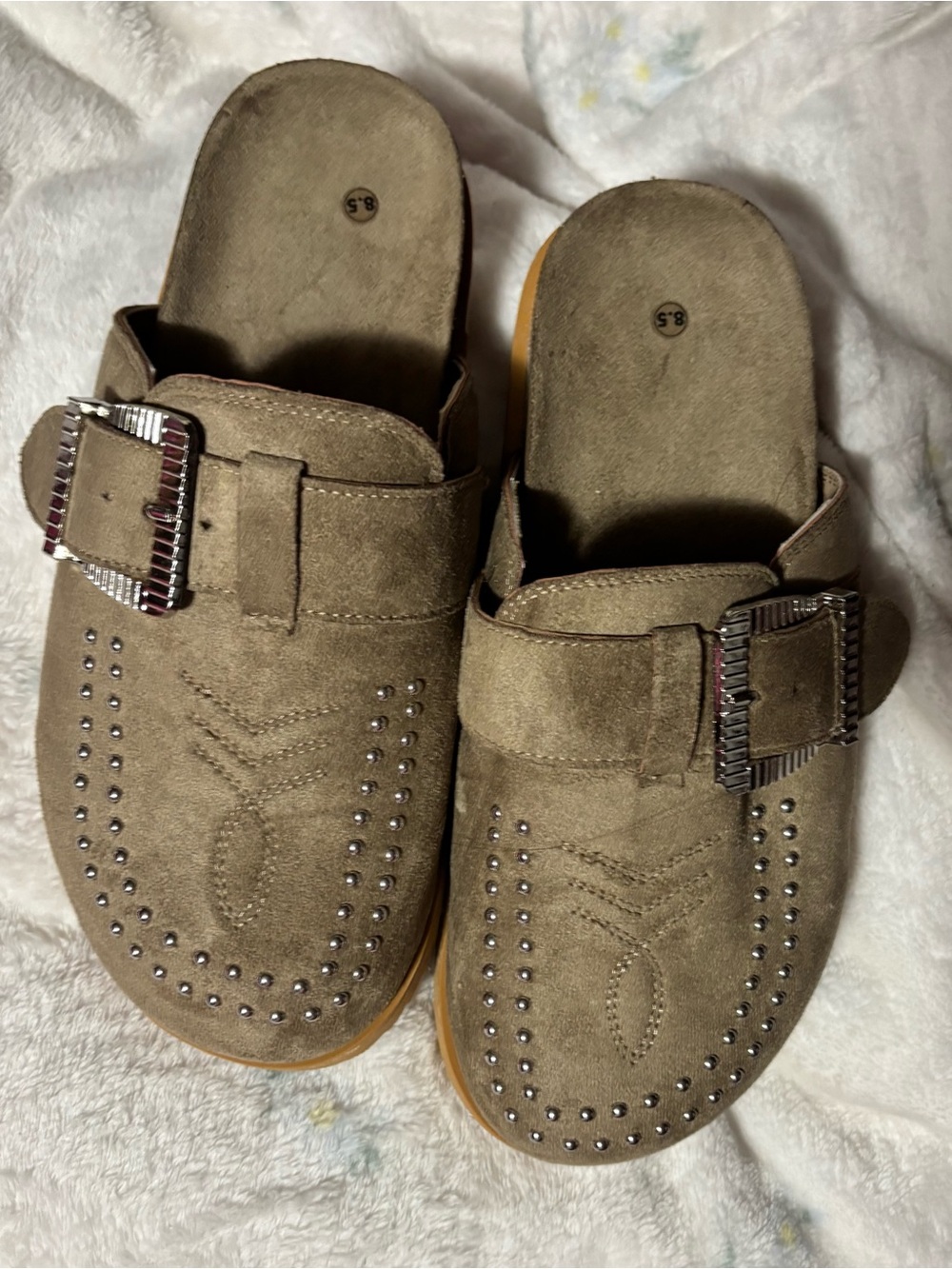 Suede Slip-On Clog with Studded Detail - Taupe